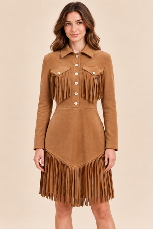 SDUH-D10146<br/>FRONT BUTTON FRINGE SUEDE DRESS