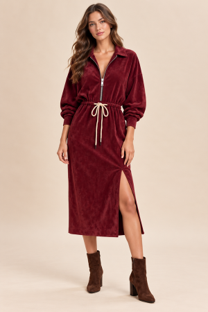 SDUH-D10148<br/>SOLID LONG SLEEVE FRONT ZIPPER LONG DRESS