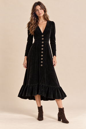 SDUH-D10149<br/>SOLID V-NECK RUFFLED VELVET DRESS