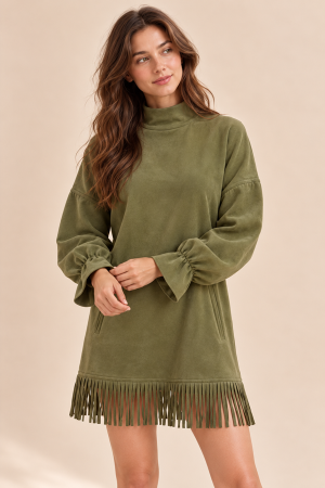 SDUH-D10150<br/>SOLID LONG SLEEVE MOCK COLLAR FRINGE DRESS