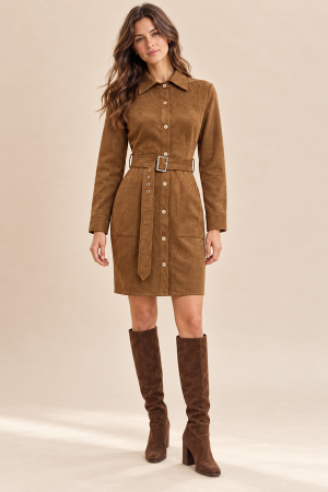 SDUH-D10151<br/>SOLID FRONT BUTTON BELTED SUEDE DRESS
