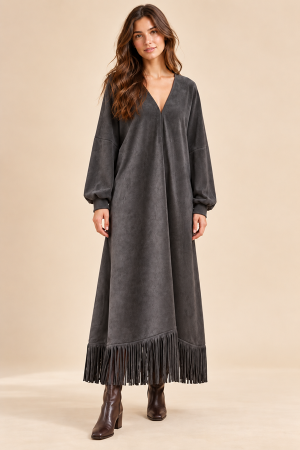 SDUH-D10153<br/>SOLID LONG SLEEVE V-NECK LONG SUEDE DRESS