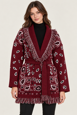 SDUH-J8700<br/>FRINGE HEM SHWAL COLLAR LONG CARDIGAN