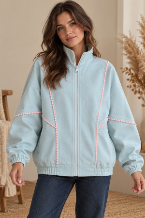 SDUH-J8701<br/>SOLID POMPOM TRIM ZIPPER JACKET