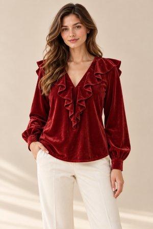 SDUH-T6993<br/>LONG SLEEVE RUFFLED V-NECK VELVET DRESS
