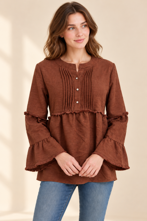 SDUH-T6994<br/>TIERED LONG SLEEVE ROUND NECK TOP